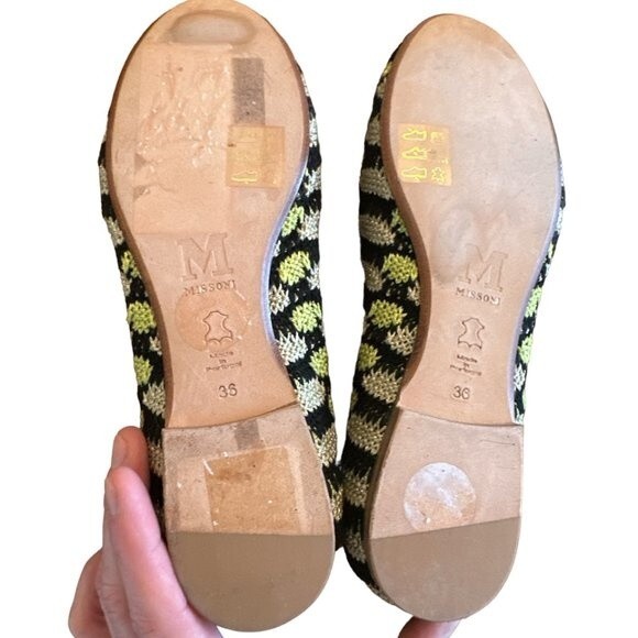 MISSONI Ballet Flats Metallic Knit Black Green Gold US Sz 6 Zigzag Slip On Shoes - Picture 13 of 13